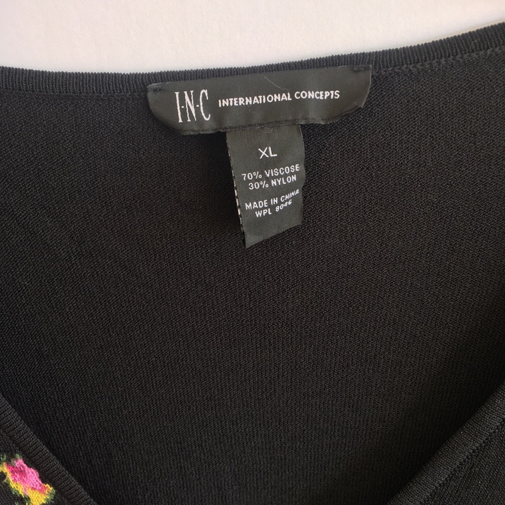 INC  Dramatic Sleeves Black V-Neck Sweater Pink Rose Embroidery - Picture 7 of 13